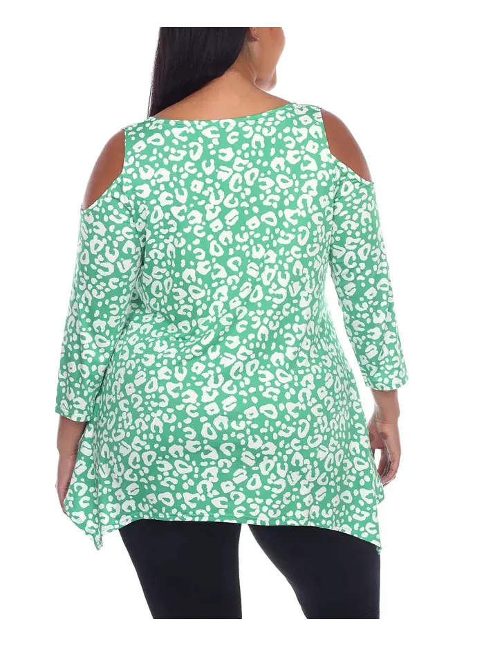 Туника с открытыми плечами в леопардовом принте plus size White Mark — изображение 2 из 4, зеленый