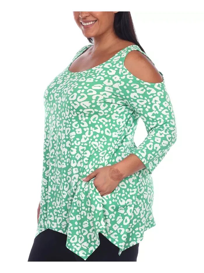 Туника с открытыми плечами в леопардовом принте plus size White Mark — изображение 3 из 4, зеленый