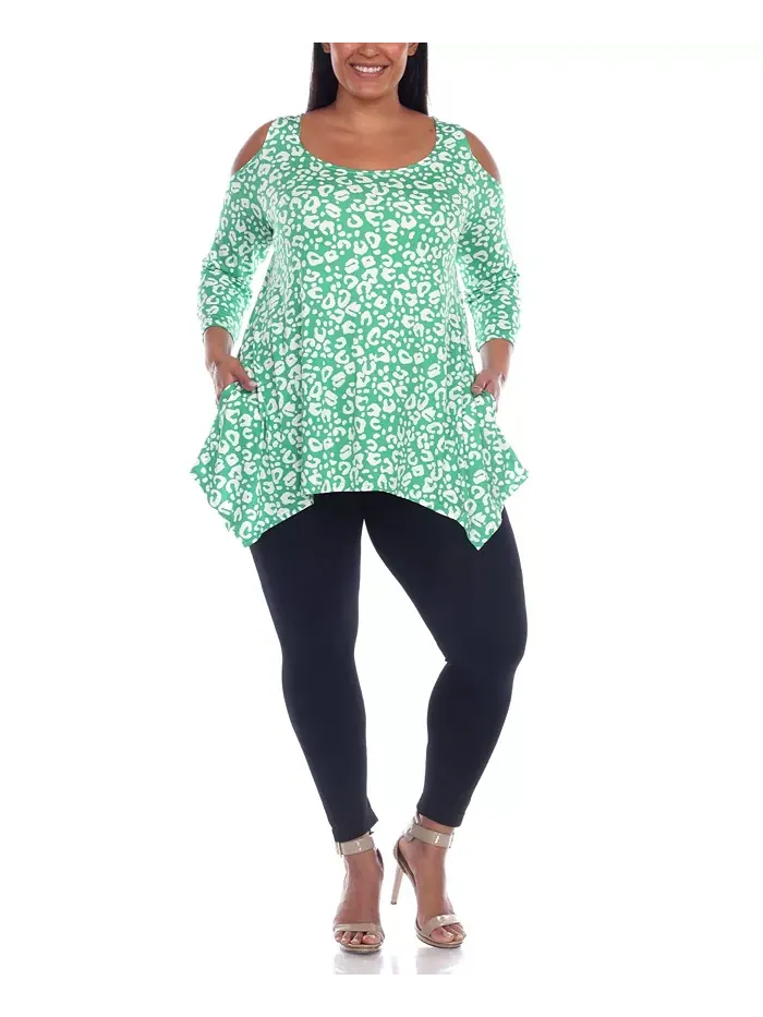 Туника с открытыми плечами в леопардовом принте plus size White Mark — изображение 4 из 4, зеленый