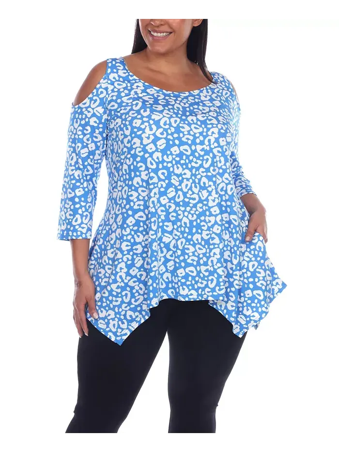 Туника с открытыми плечами в леопардовом принте plus size White Mark — изображение 1 из 4, синий