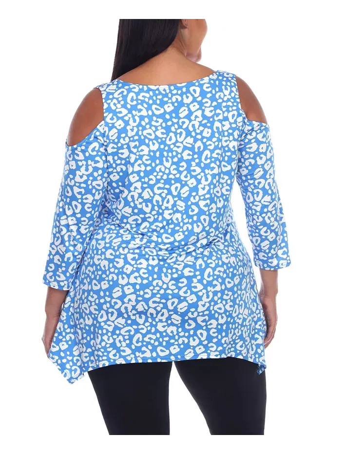 Туника с открытыми плечами в леопардовом принте plus size White Mark — изображение 2 из 4, синий