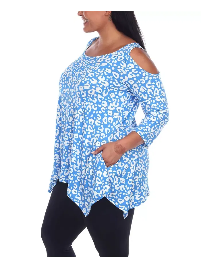 Туника с открытыми плечами в леопардовом принте plus size White Mark — изображение 3 из 4, синий