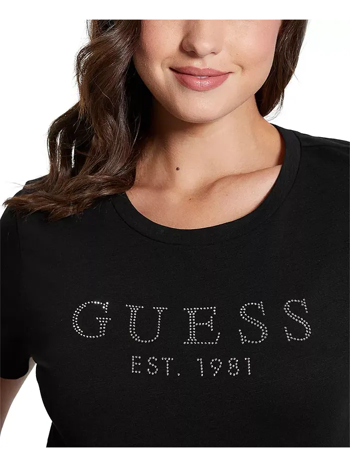 Женская хлопковая футболка 1981 с кристальным логотипом GUESS — изображение 3 из 5, черный