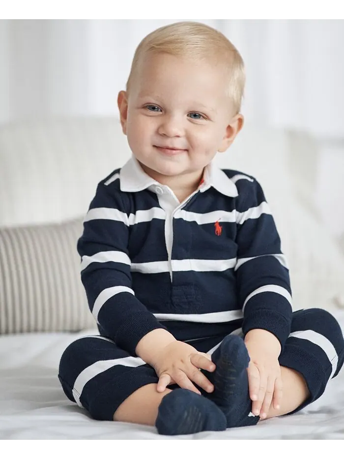 Полосатый хлопковый комбинезон для регби для маленьких мальчиков Polo Ralph Lauren — изображение 1 из 3, темно-синий мульти