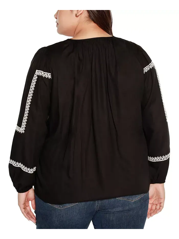Блузон-топ Black Label Plus Size с вышивкой и завязкой на шее Belldini — изображение 2 из 4, черный