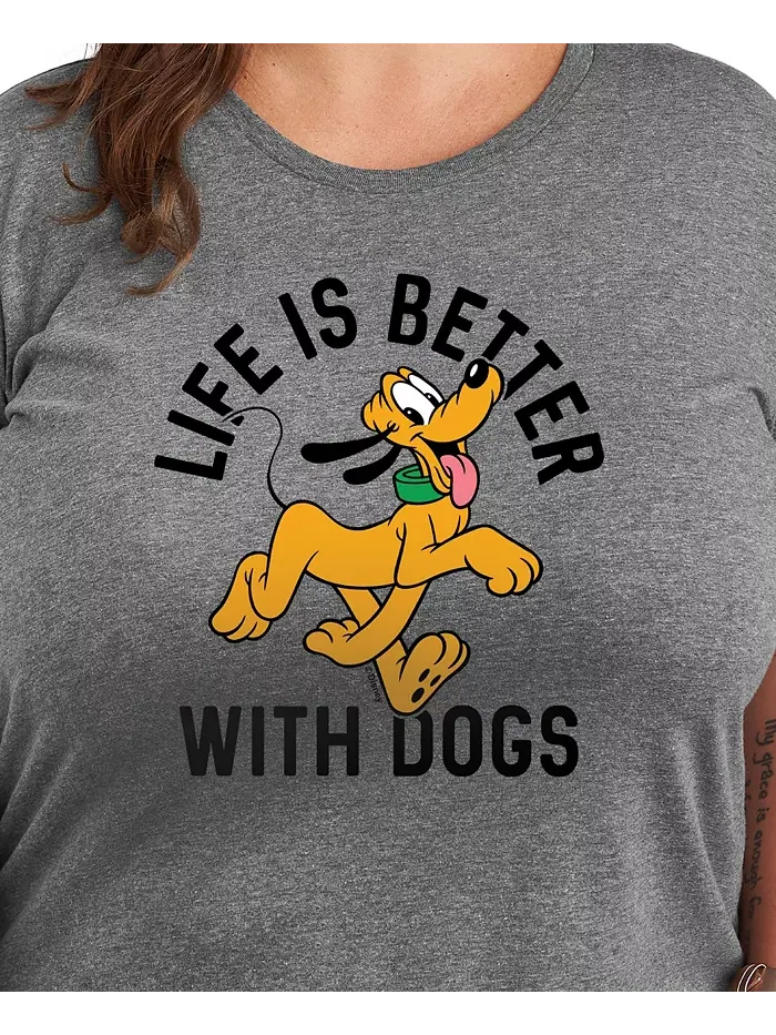 Футболка Disney Life Is Better with Dogs с принтом Плуто и круглым вырезом. Размер плюс Hybrid — изображение 3 из 3, серый