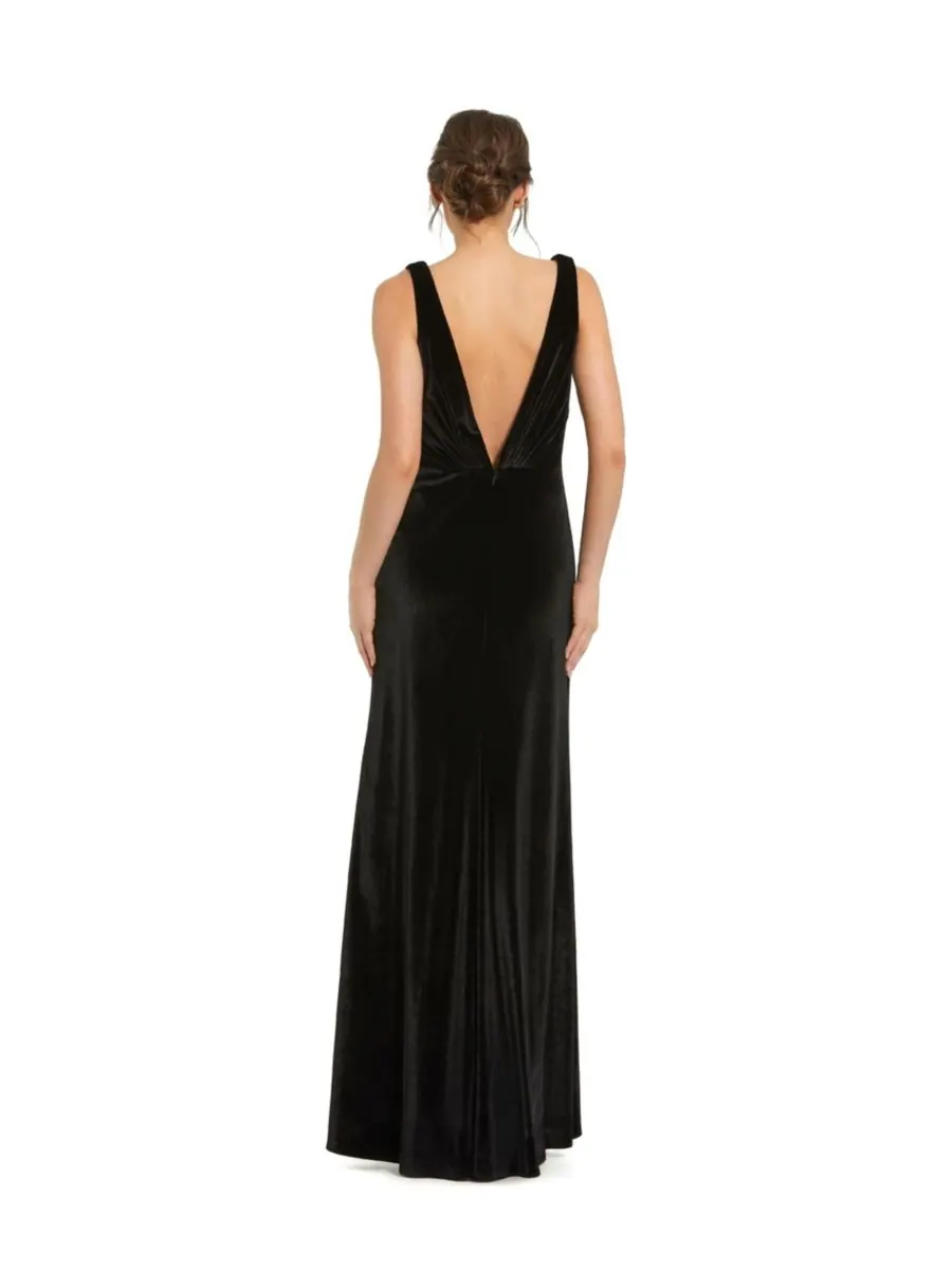 Женское облегающее бархатное платье с глубоким V-образным вырезом, высоким разрезом и драпировкой — изображение 2 из 3