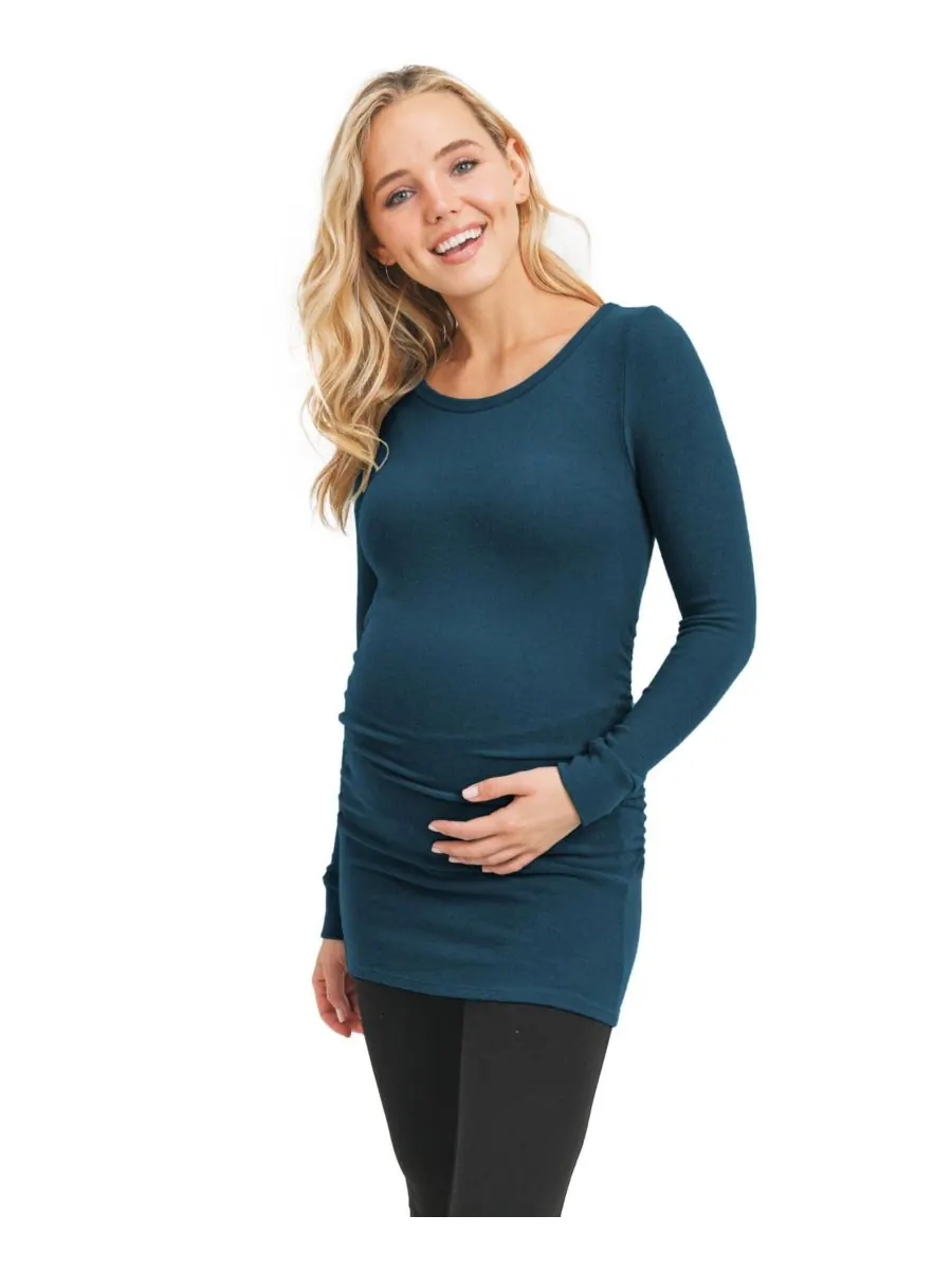 Вязаный топ для беременных с длинными рукавами, круглым вырезом и боковыми сборками Hello Miz — изображение 1 из 5