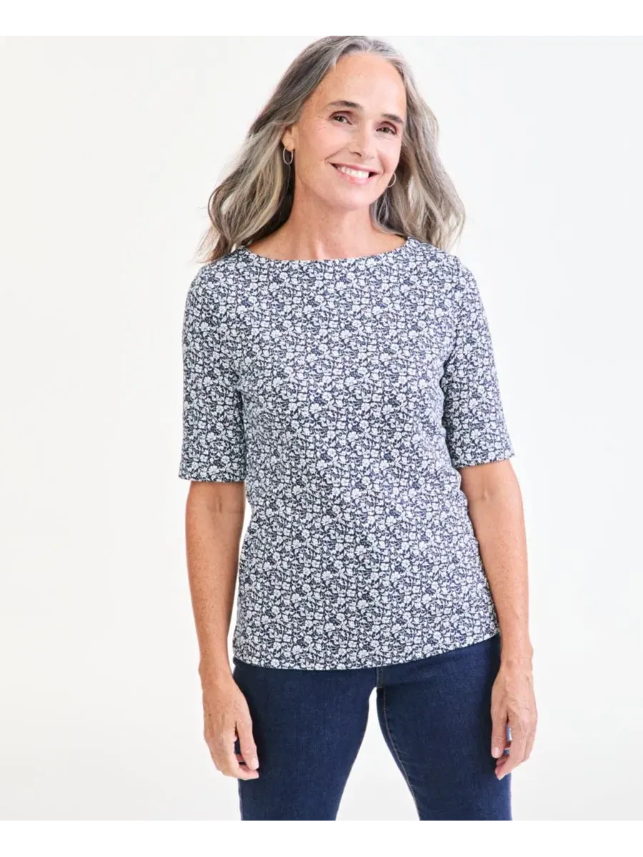 Футболка с принтом, с лодочным вырезом, Petite Boat-Neck Floral-Print T-Shirt Style & Co — изображение 1 из 4, синий
