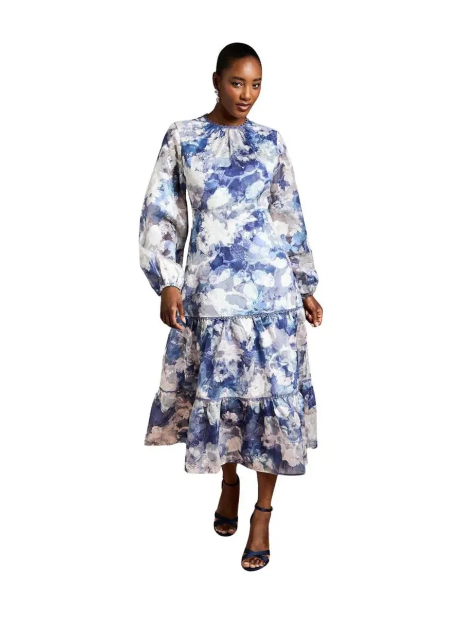 Платье-миди с принтом, модель Printed Volume Fit And Flare Coast — синий