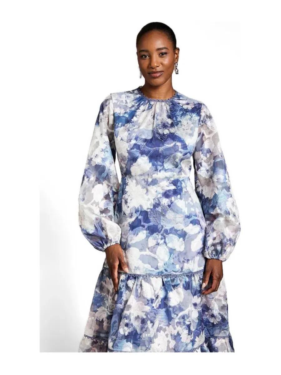 Платье-миди с принтом, модель Printed Volume Fit And Flare Coast — изображение 2 из 4, темно-синий