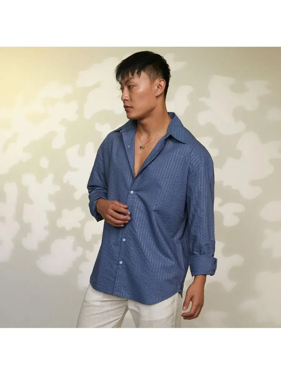 Мужская рубашка с фактурой конфетти Lapis Blue Candy-Textured Shirt Campus Sutra — изображение 2 из 7, темно-синий