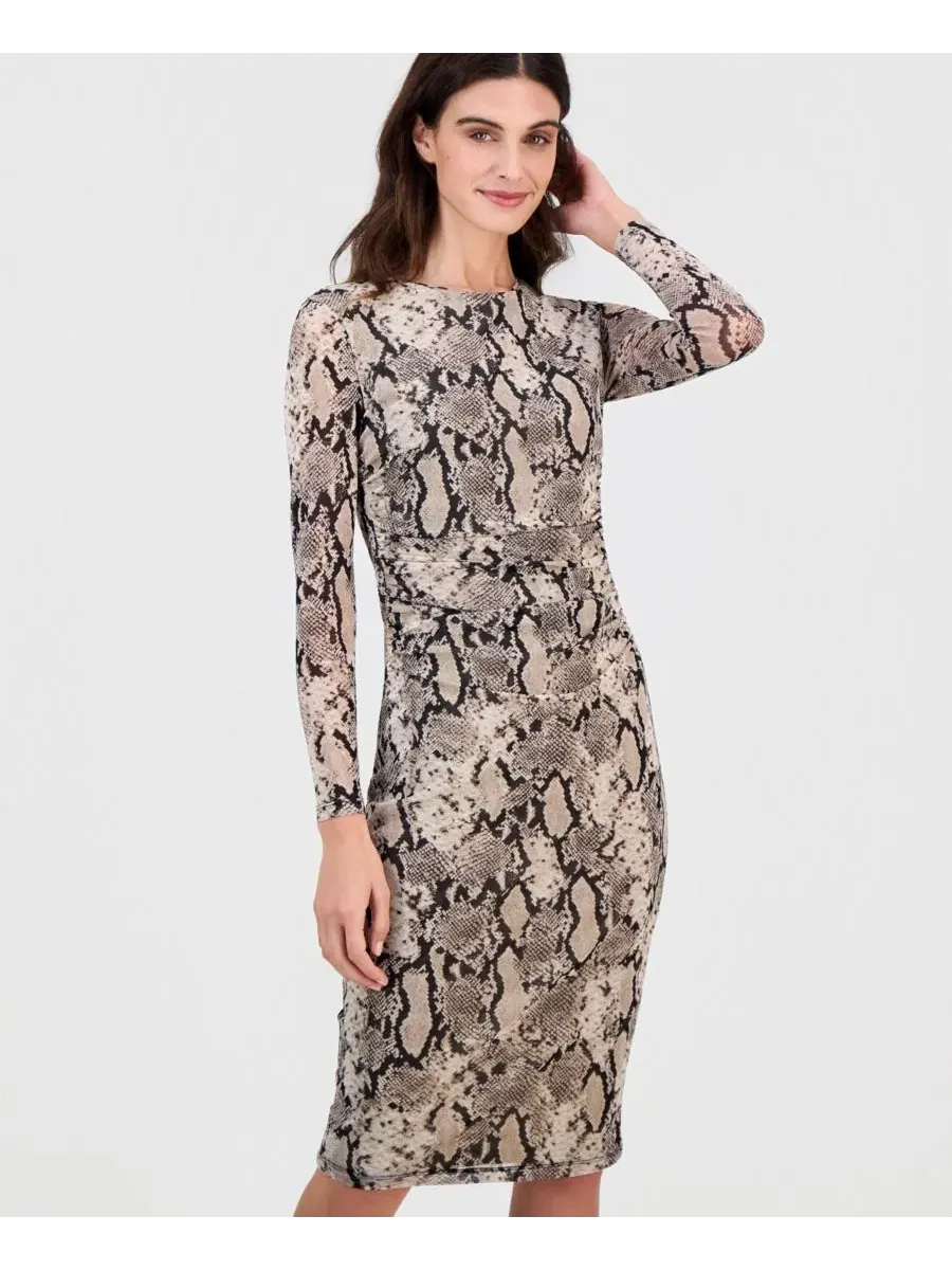 Платье миди с принтом «змейка» и утяжкой на талии, модель Petite Snake-Print Long-Sleeve — изображение 2 из 5