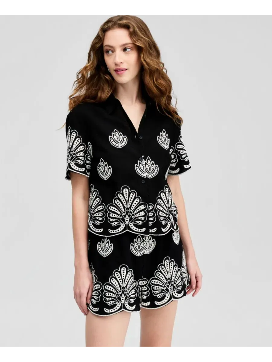 Женская хлопковая рубашка с вышивкой, короткий рукав, 54 см, модель Camp Shirt And Now This — изображение 1 из 4, черный