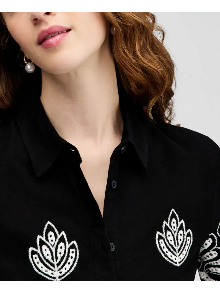 Женская хлопковая рубашка с вышивкой, короткий рукав, 54 см, модель Camp Shirt And Now This — изображение 3 из 4, черный