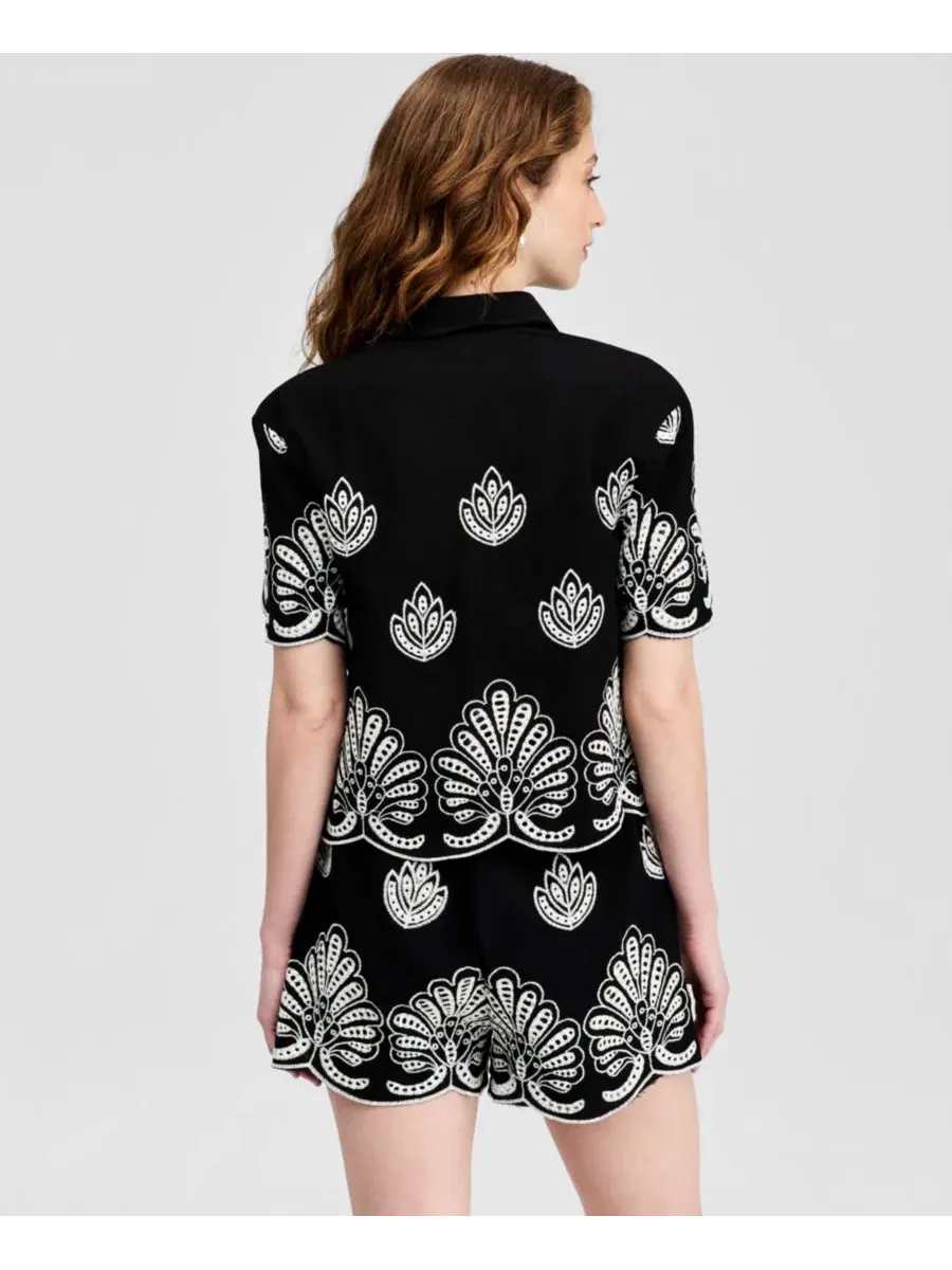 Женская хлопковая рубашка с вышивкой, короткий рукав, 54 см, модель Camp Shirt And Now This — изображение 4 из 4, черный