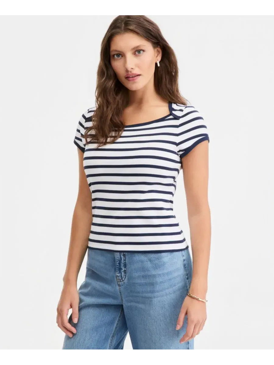 Женская футболка с коротким рукавом Micro Rib Boatneck Cap Sleeve Top On 34th — изображение 1 из 4, белый синий