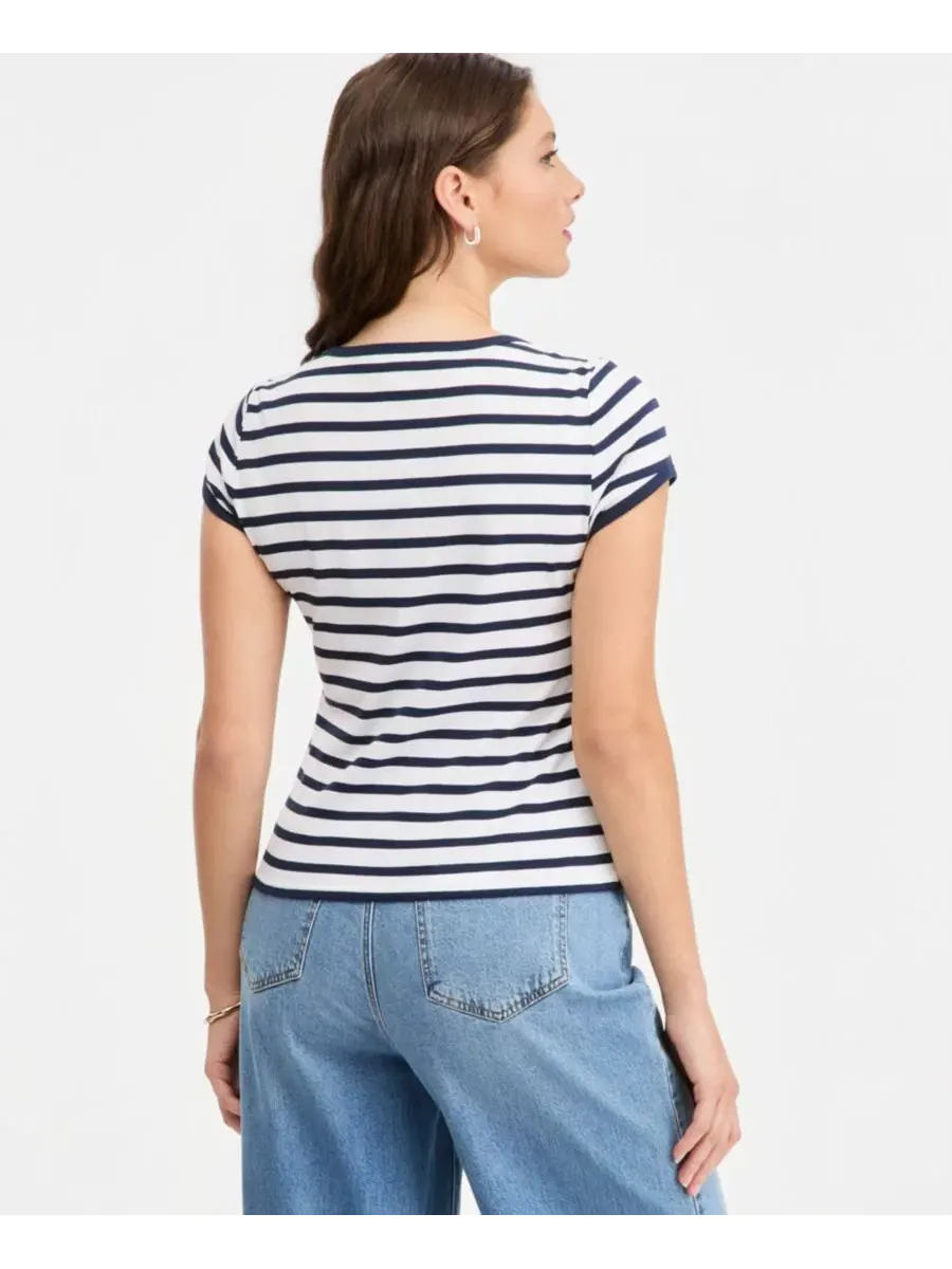Женская футболка с коротким рукавом Micro Rib Boatneck Cap Sleeve Top On 34th — изображение 4 из 4, белый синий