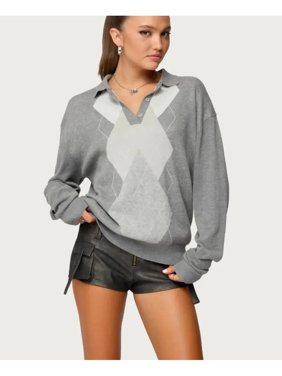 Женский поло-свитер Kati Argyle Oversized Edikted — изображение 1 из 5, серый