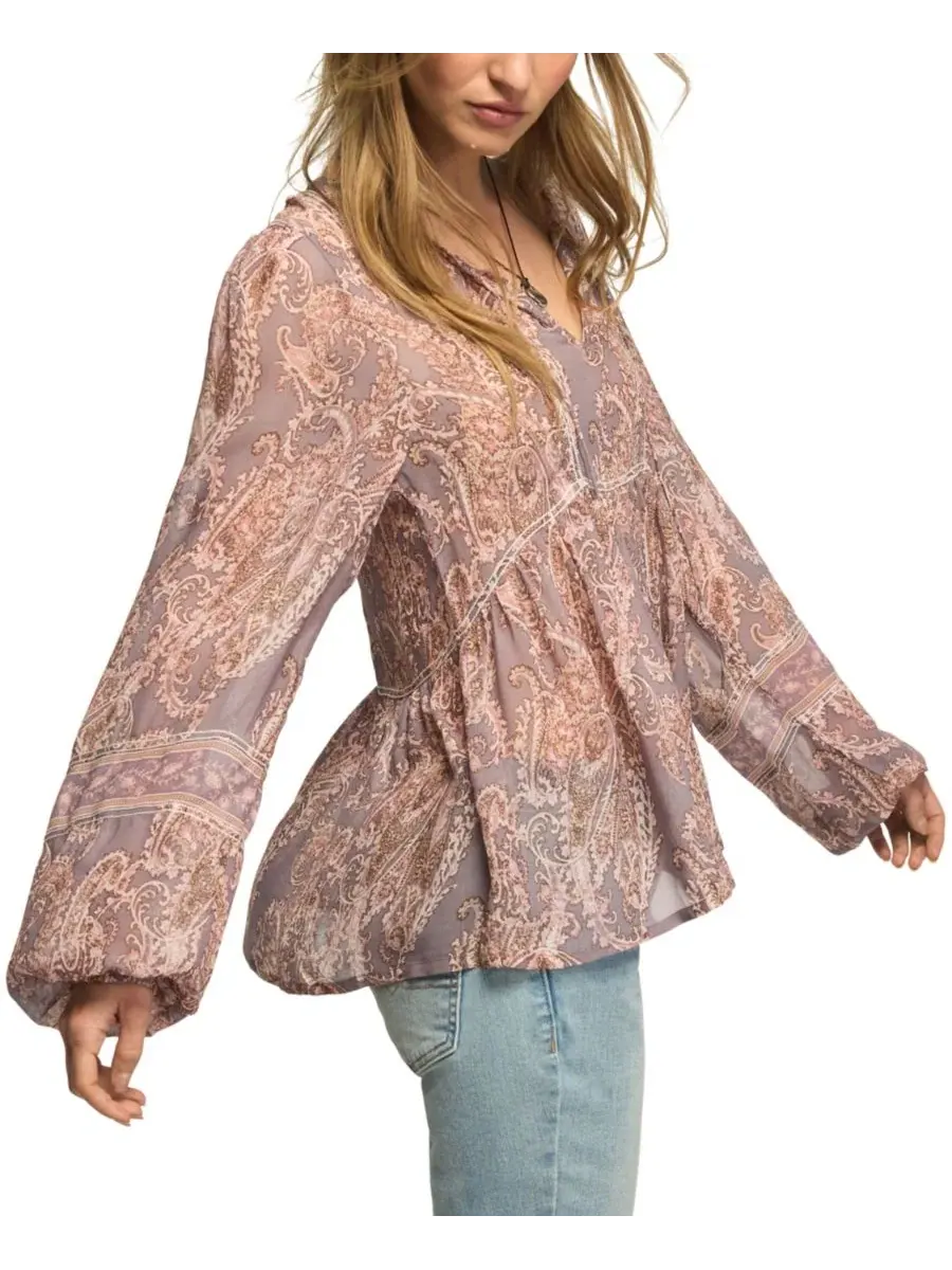Блуза-крестьянка с длинным рукавом, с принтом, Paisley Print Mix Lucky Brand — изображение 3 из 5, коричневый