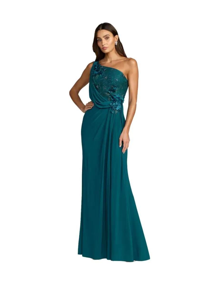 Mac Duggal Женское трикотажное платье на одно плечо с драпировкой и объемными цветами — изображение 1 из 3, океанский