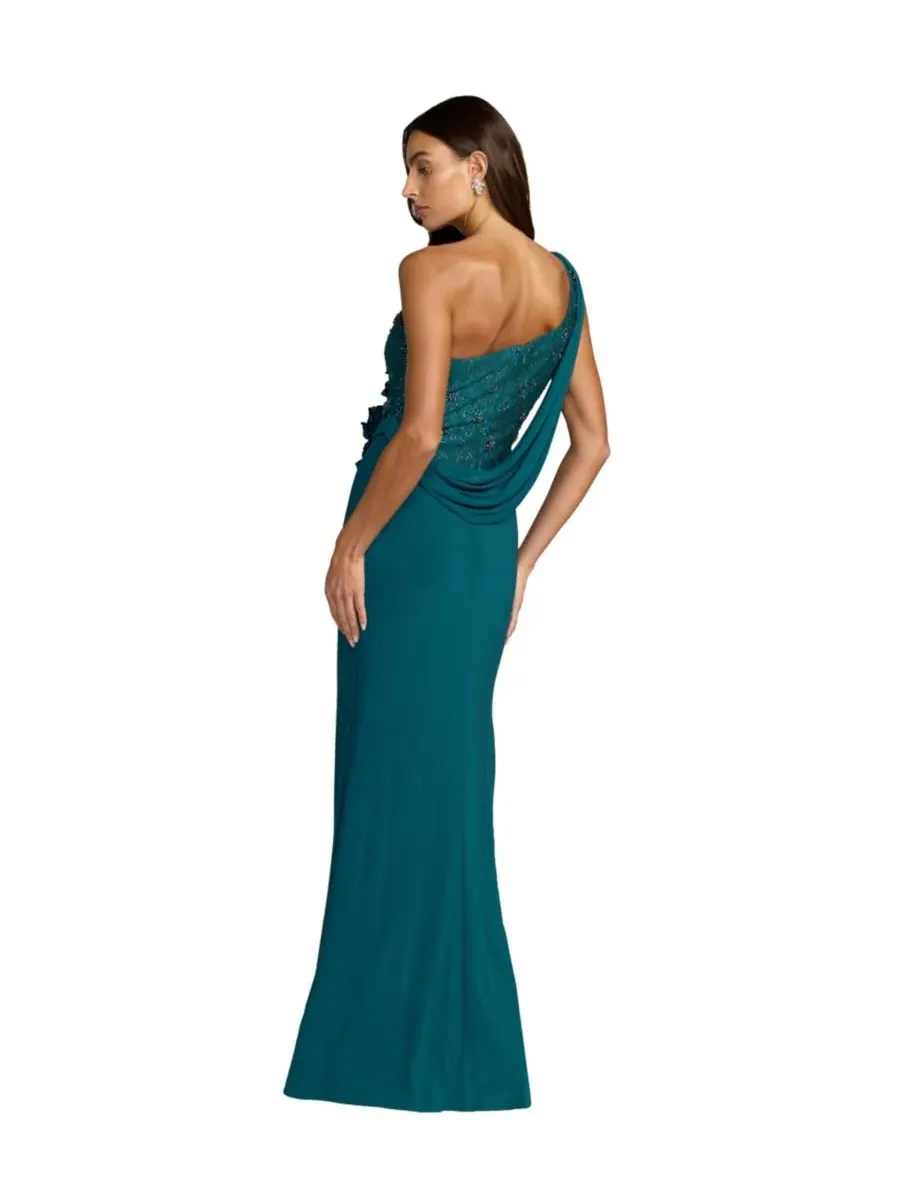 Mac Duggal Женское трикотажное платье на одно плечо с драпировкой и объемными цветами — изображение 2 из 3, океанский