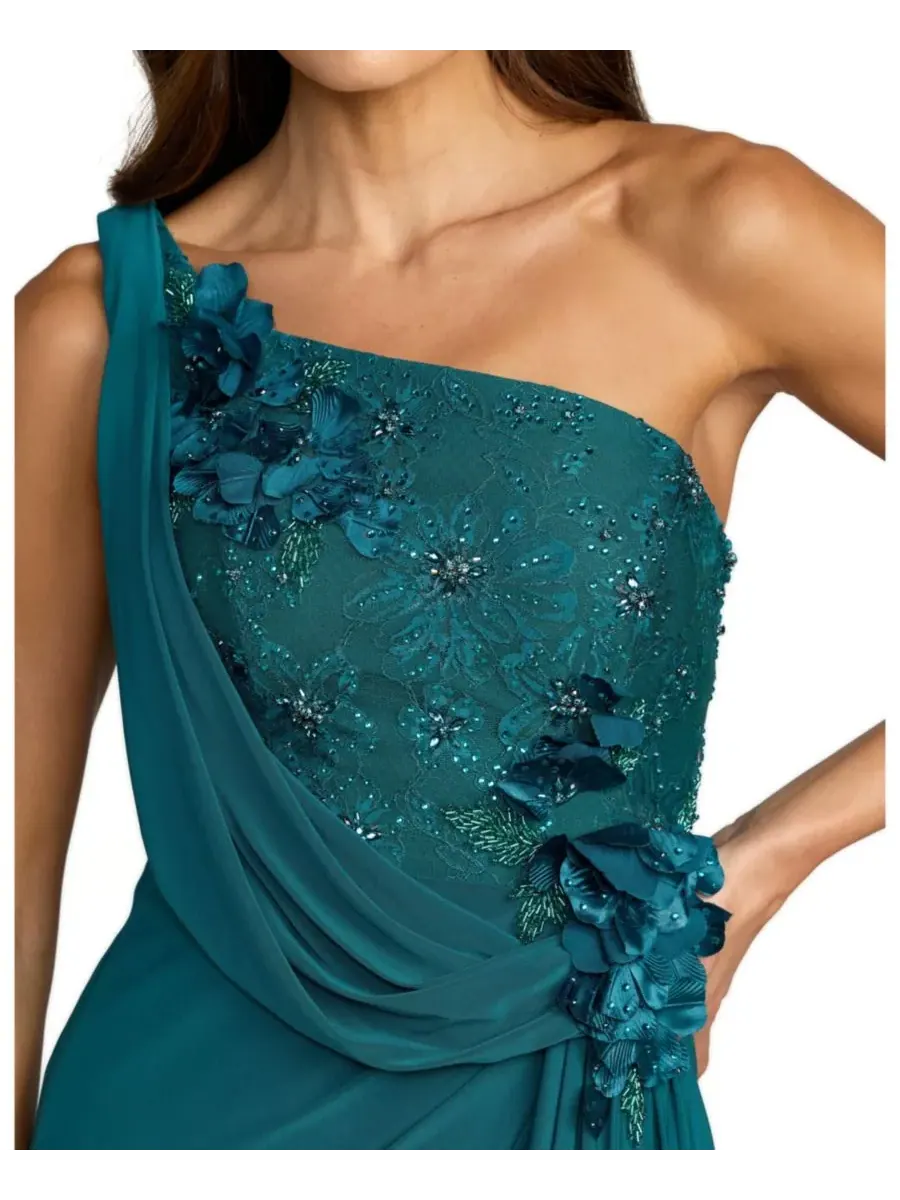 Mac Duggal Женское трикотажное платье на одно плечо с драпировкой и объемными цветами — изображение 3 из 3, океанский