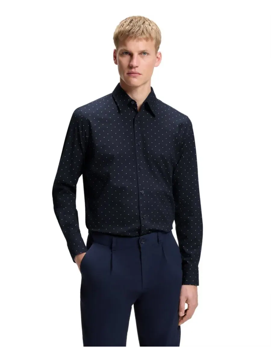 Рубашка из хлопка с мини-жаккардом, свободного кроя Hugo Boss — изображение 1 из 9, синий