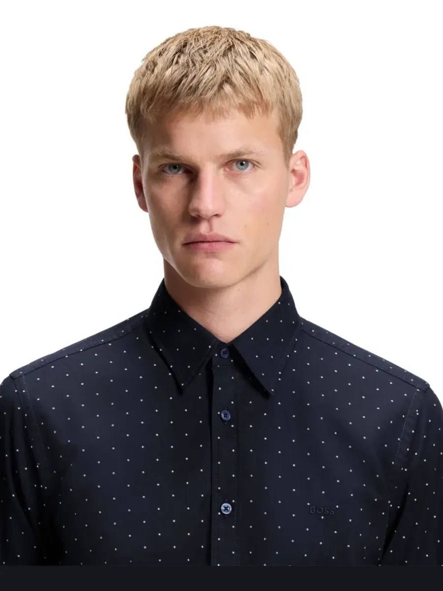 Рубашка из хлопка с мини-жаккардом, свободного кроя Hugo Boss — изображение 5 из 9, синий