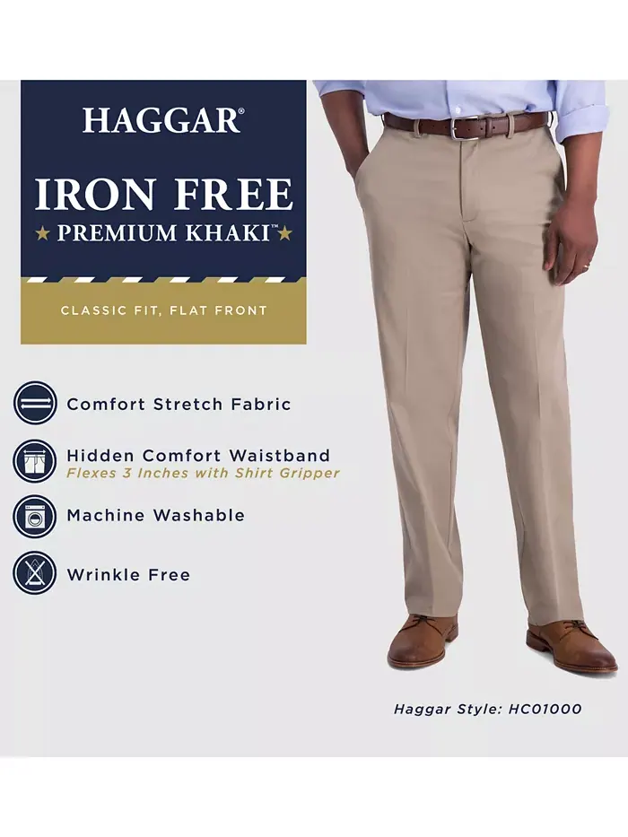 Мужские классические брюки прямого кроя с плоской передней частью Iron Free Premium Khaki Haggar — 4