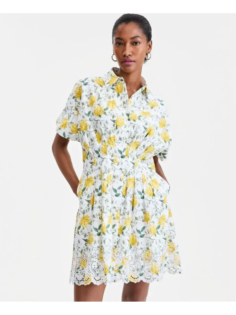 Платье-рубашка мини с вышивкой Cutwork-Hem Mini Shirtdress On 34th — изображение 4 из 7, слоновая кость