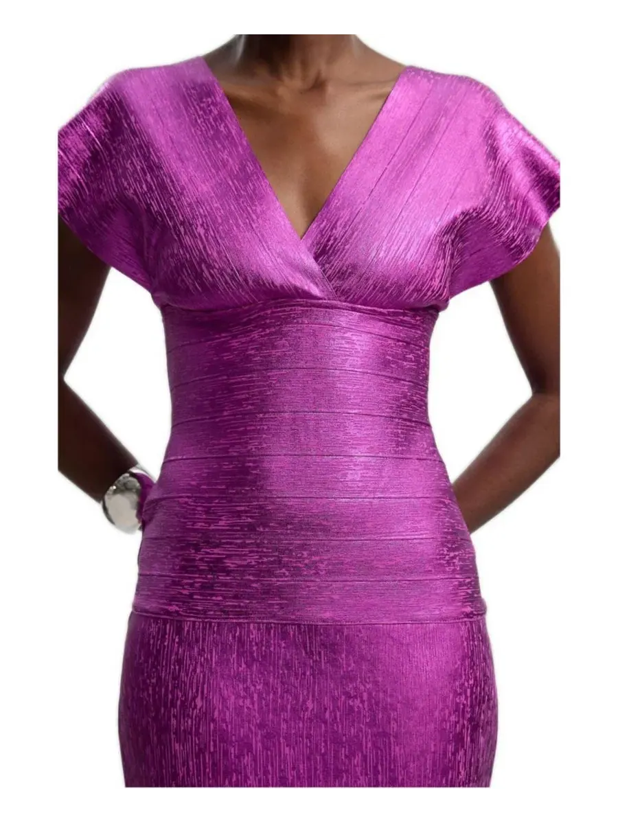 Платье миди с ангельскими рукавами Foil Metallic Figure Form Angel Sleeve Knit Midi Dress Karen — изображение 4 из 7
