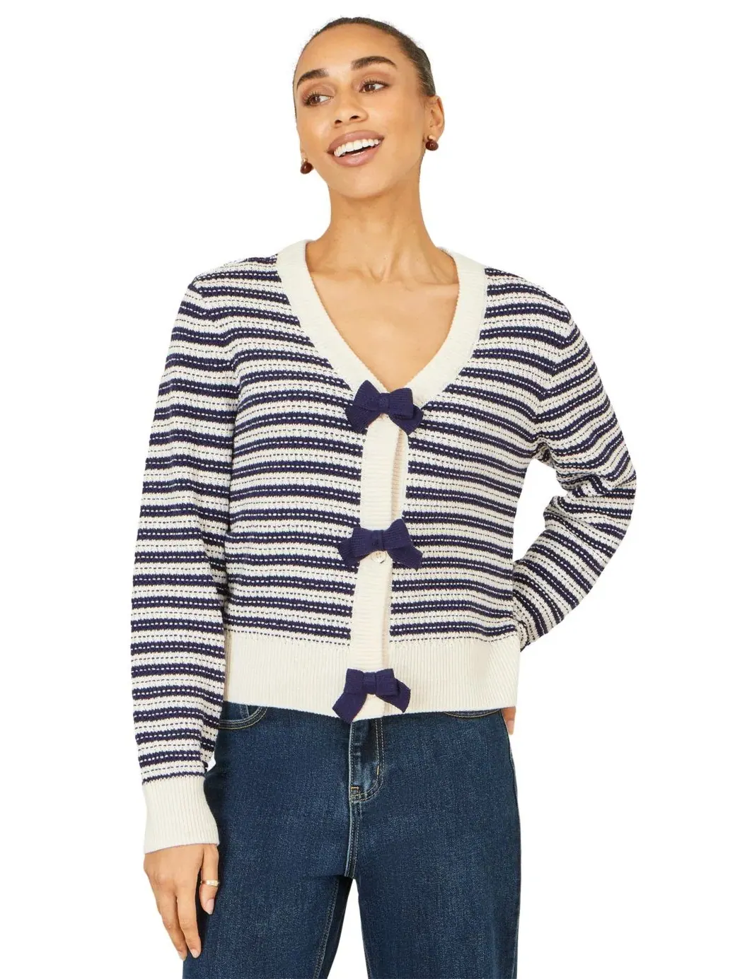 Кардиган женский с принтом в полоску и бантами, модель Stripe With Bow Detail Yumi — изображение 1 из 4, темно-синий