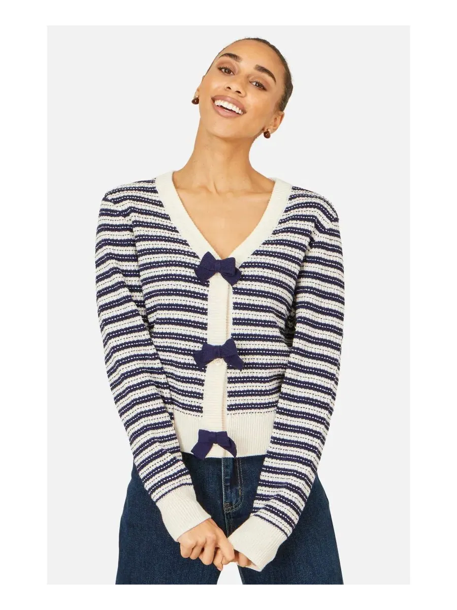 Кардиган женский с принтом в полоску и бантами, модель Stripe With Bow Detail Yumi — изображение 4 из 4, темно-синий