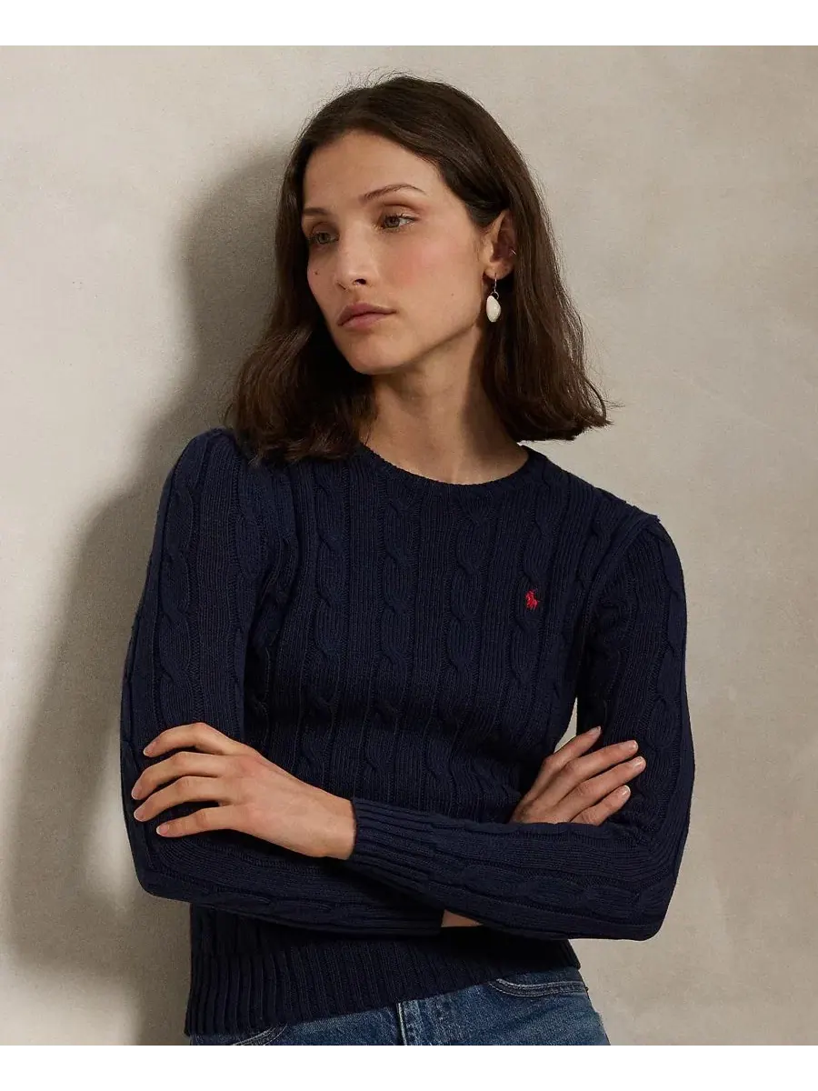 Женский свитер с круглым вырезом из хлопка, с косами Polo Ralph Lauren — изображение 1 из 16, темно-синий