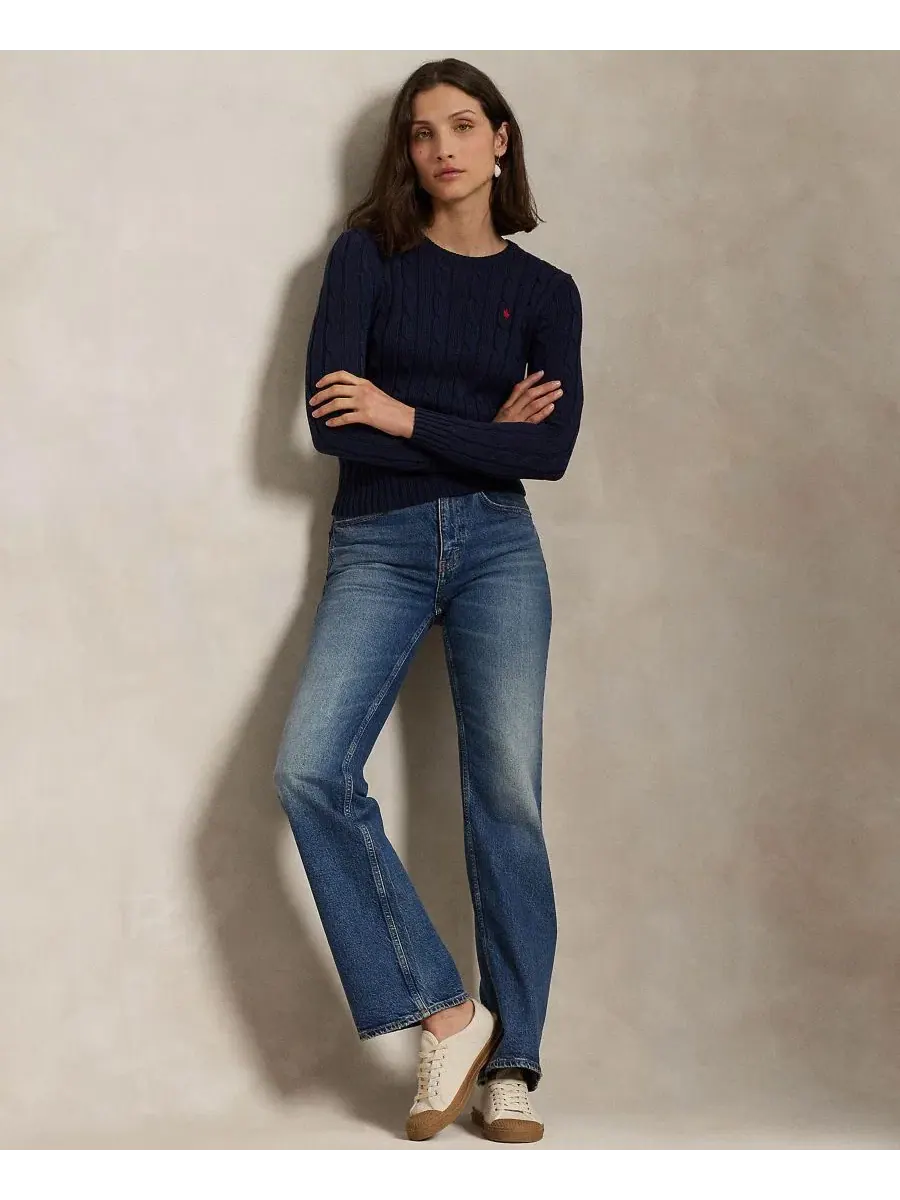 Женский свитер с круглым вырезом из хлопка, с косами Polo Ralph Lauren — изображение 2 из 16, темно-синий