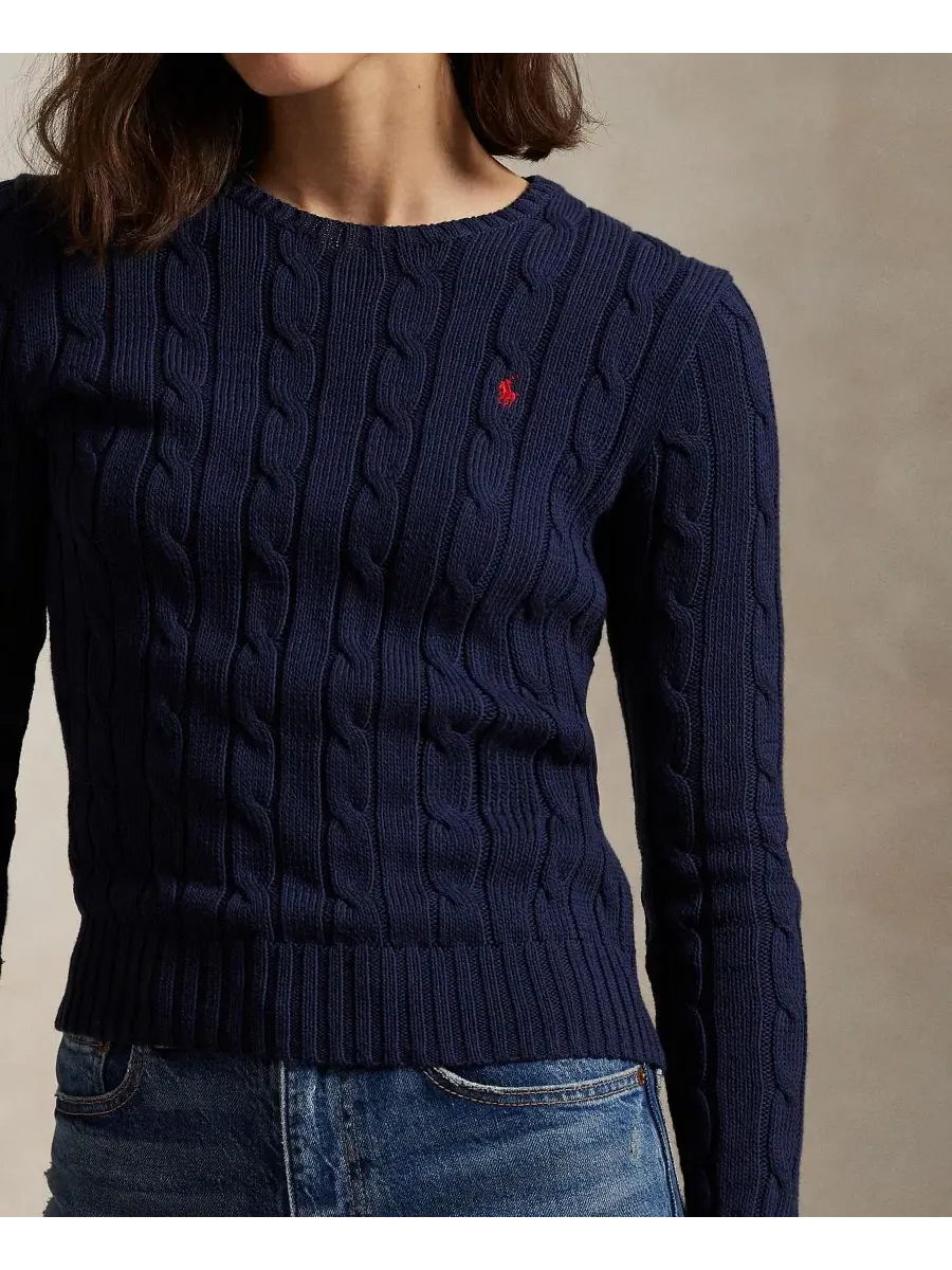 Женский свитер с круглым вырезом из хлопка, с косами Polo Ralph Lauren — изображение 3 из 16, темно-синий