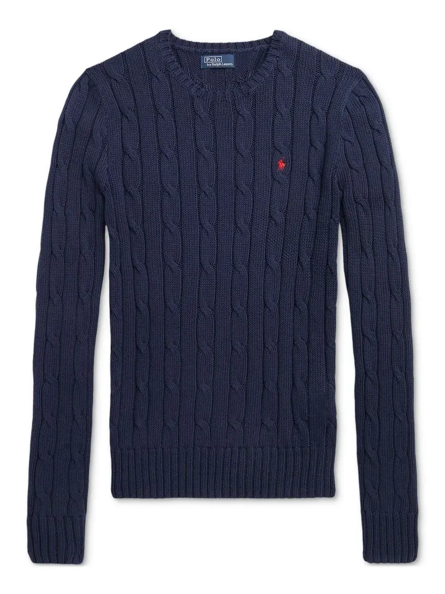 Женский свитер с круглым вырезом из хлопка, с косами Polo Ralph Lauren — изображение 5 из 16, темно-синий