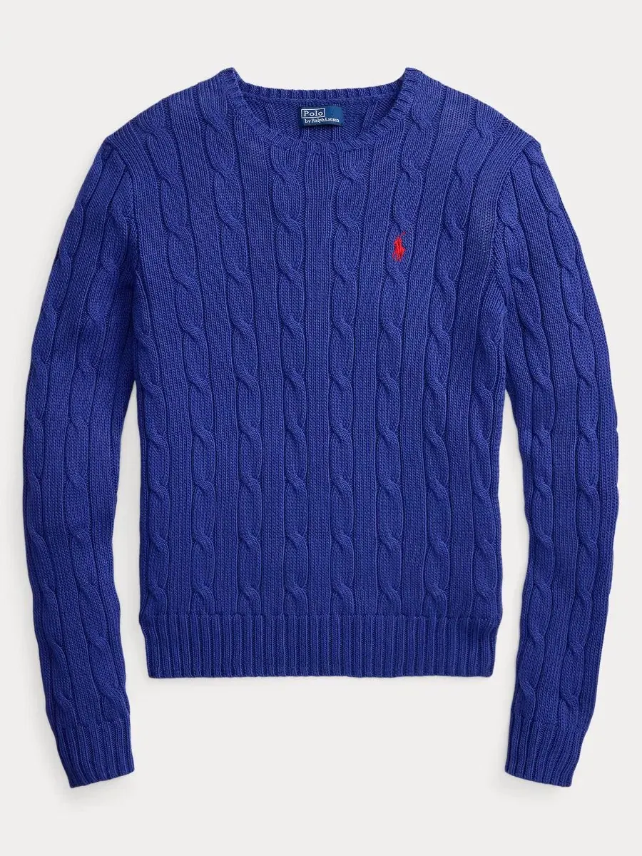 Свитер с круглым вырезом и косами из хлопка Polo Ralph Lauren — изображение 6 из 18, синий