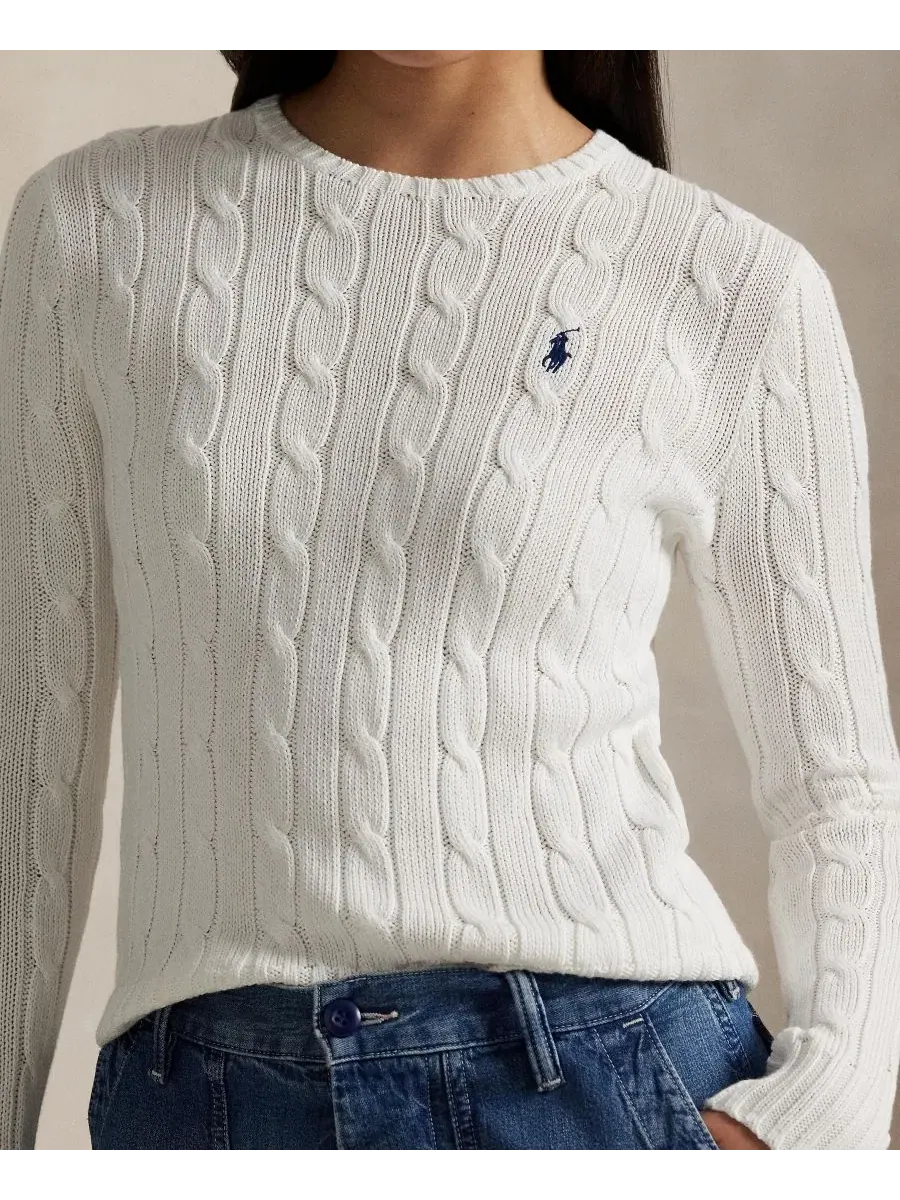 Свитер из хлопка с косами, с длинным рукавом Polo Ralph Lauren — изображение 3 из 16, классический белый