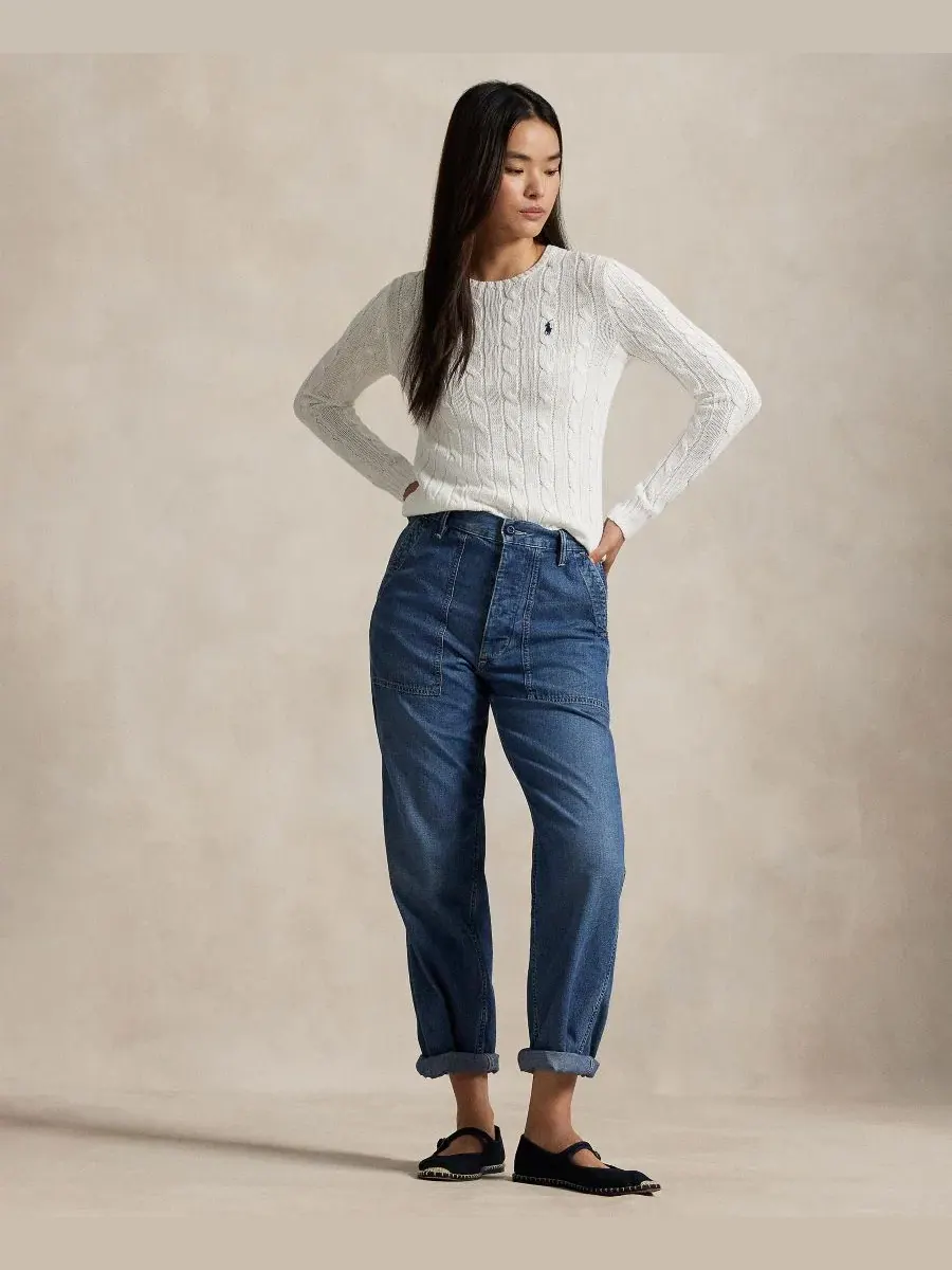 Свитер из хлопка с косами, с длинным рукавом Polo Ralph Lauren — изображение 4 из 16, классический белый