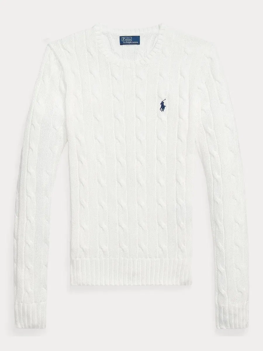 Свитер из хлопка с косами, с длинным рукавом Polo Ralph Lauren — изображение 5 из 16, классический белый