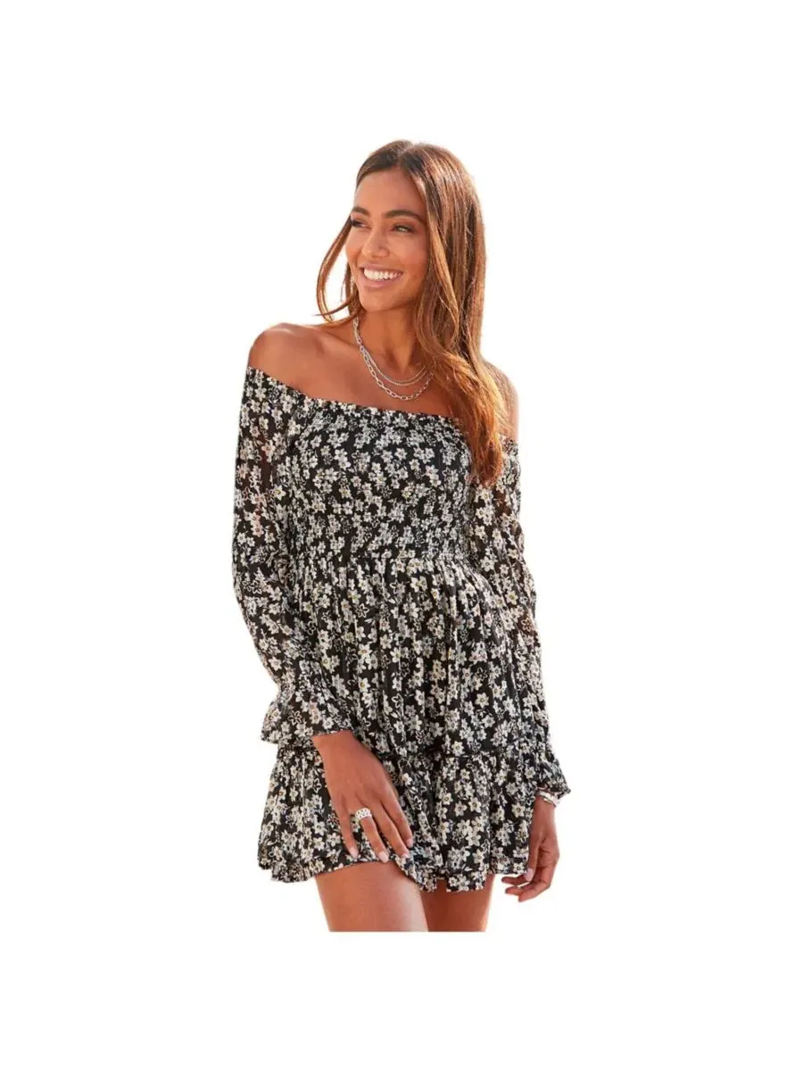Платье офф-шолдер с цветочным принтом, модель Floral Off Shoulder Dress LASCANA — изображение 1 из 5, черный белый