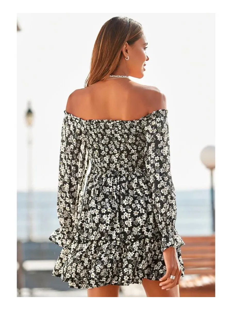 Платье офф-шолдер с цветочным принтом, модель Floral Off Shoulder Dress LASCANA — изображение 3 из 5, черный белый