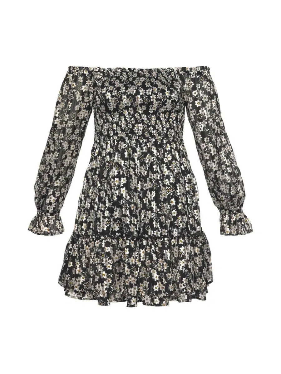 Платье офф-шолдер с цветочным принтом, модель Floral Off Shoulder Dress LASCANA — изображение 4 из 5, черный белый