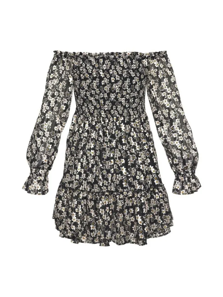 Платье офф-шолдер с цветочным принтом, модель Floral Off Shoulder Dress LASCANA — изображение 5 из 5, черный белый