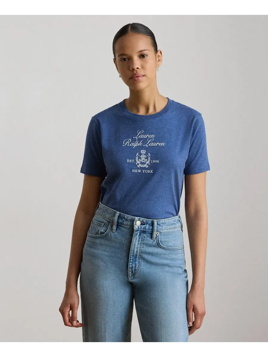 Футболка женская с коротким рукавом, хлопковая, с вышитым гербом Lauren Ralph Lauren — изображение 1 из 6, синий