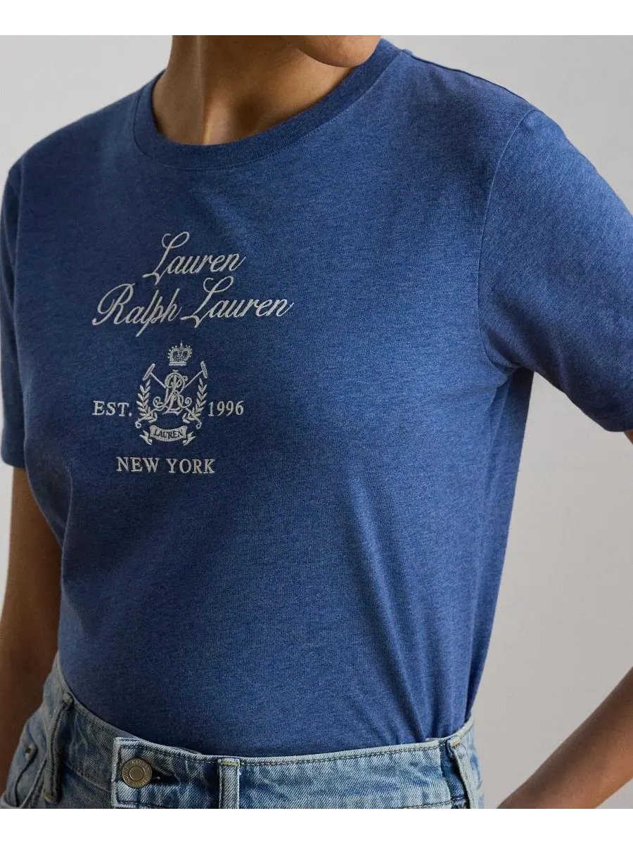 Футболка женская с коротким рукавом, хлопковая, с вышитым гербом Lauren Ralph Lauren — изображение 3 из 6, синий