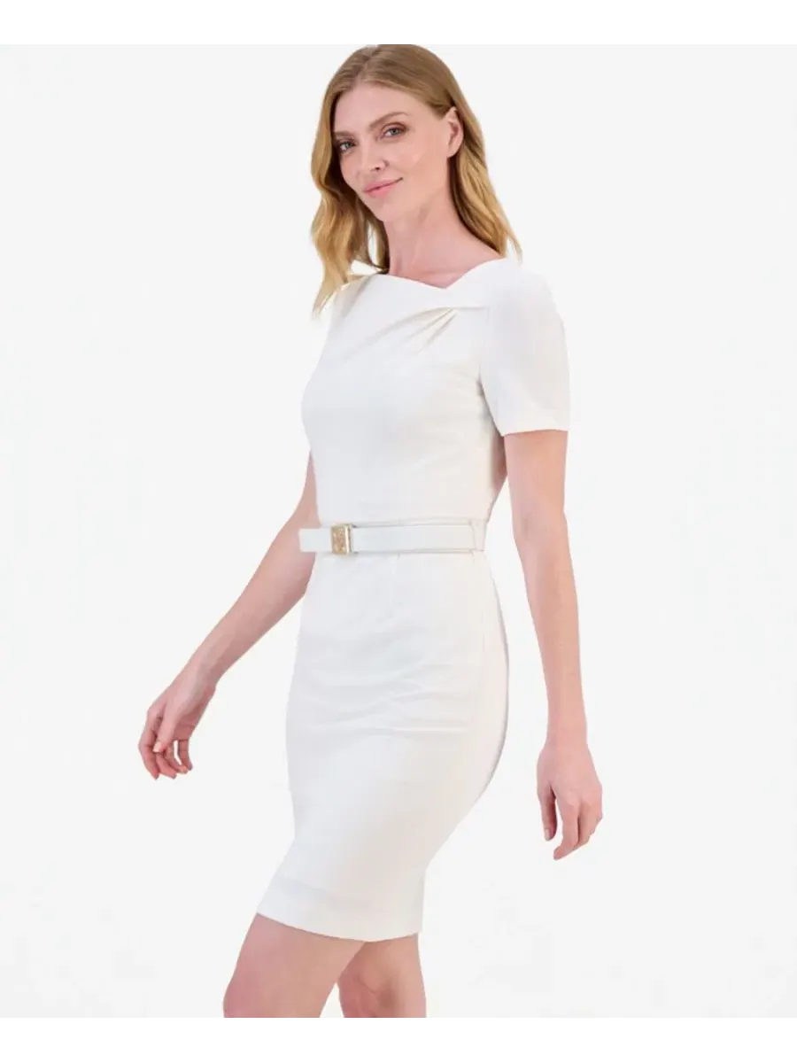 Платье-футляр с асимметричным вырезом, с поясом Anne Klein — изображение 3 из 5, белый