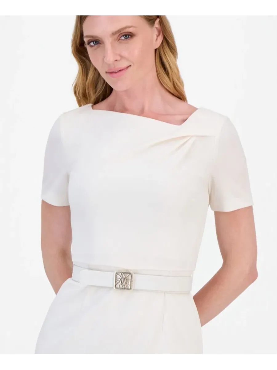 Платье-футляр с асимметричным вырезом, с поясом Anne Klein — изображение 4 из 5, белый